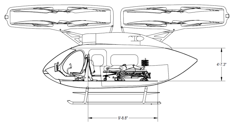 Uniqopter eVTOL drawing side view with dimensions